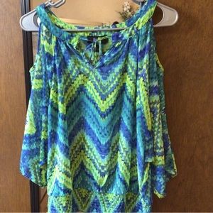 BCX Smocked Waist Cold Shoulder Blue/Green Geometric Print Blouse, Size M
